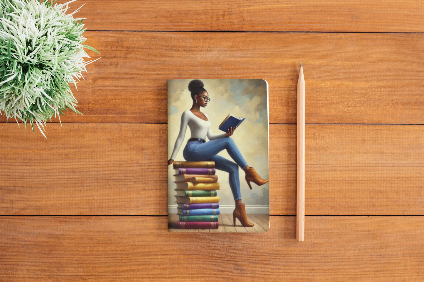 Stylish Black Woman Reading on Stack of Books Hardcover Journal