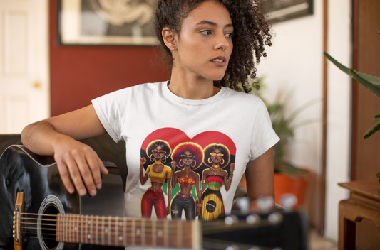 Black Queen Sisters Graphic T-Shirt – Afrocentric Pride, Red-Gold-Green Heart Design