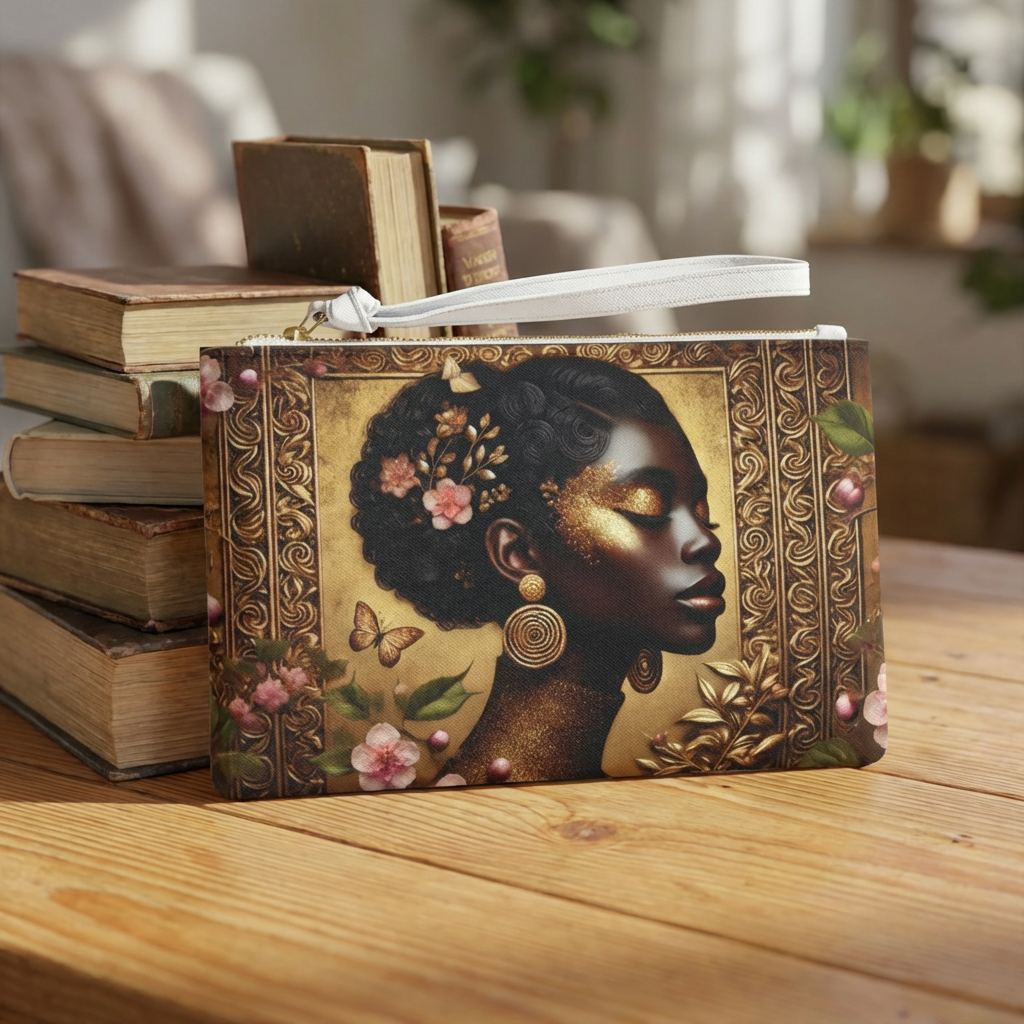 Golden Profile Afro Woman Clutch Bag | Floral Baroque Portrait