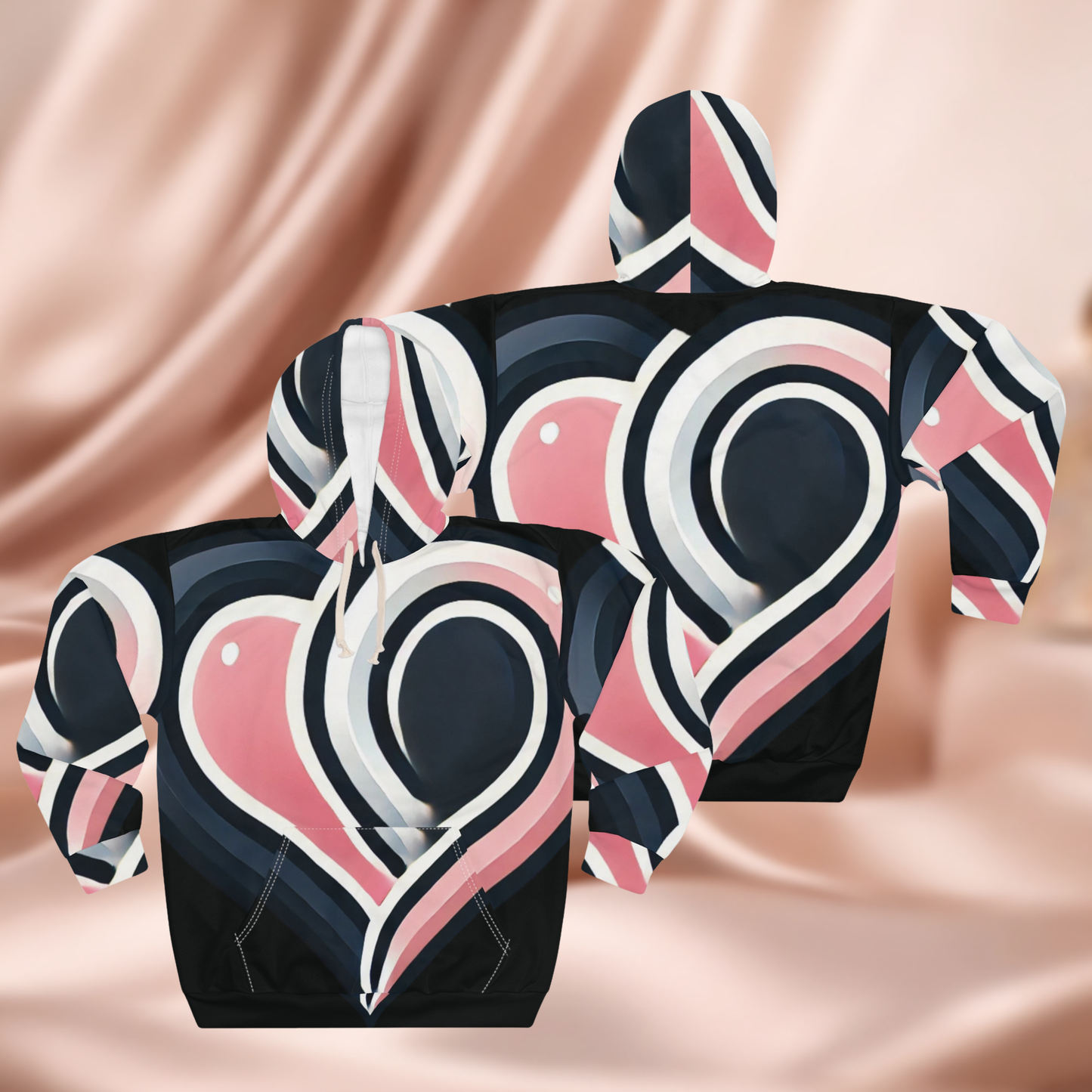 Heart Pattern Hoodie — Pink & Navy All-Over Print Pullover