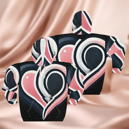 Heart Pattern Hoodie — Pink & Navy All-Over Print Pullover