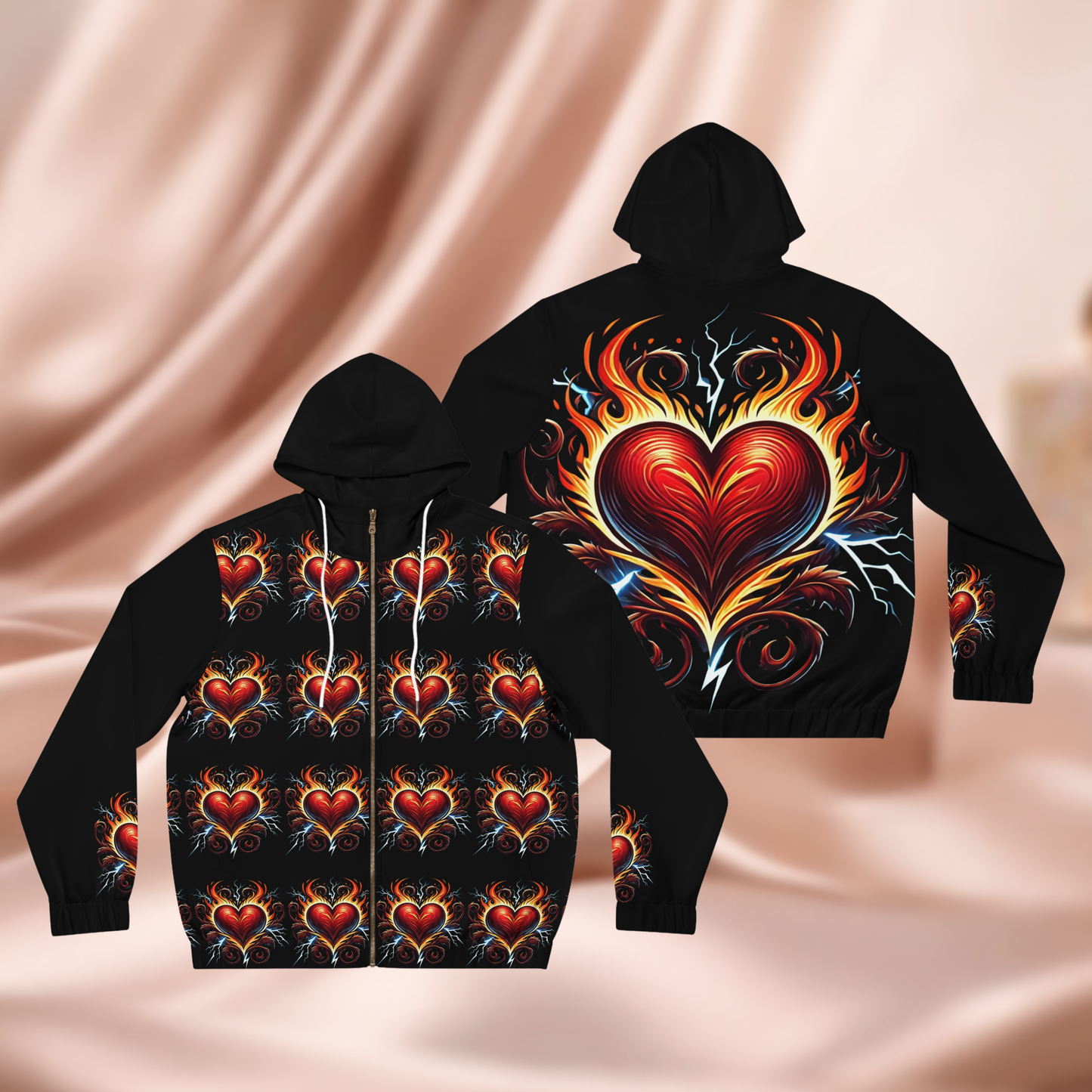 Heartfelt Flame unisex s Full-Zip Hoodie, Gift for Him, Casual Outerwear, Heart Design, Valentine's Day, Festival Style