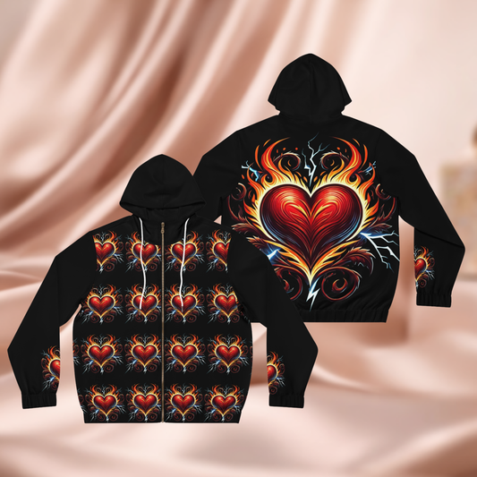 Heartfelt Flame unisex s Full-Zip Hoodie, Gift for Him, Casual Outerwear, Heart Design, Valentine's Day, Festival Style