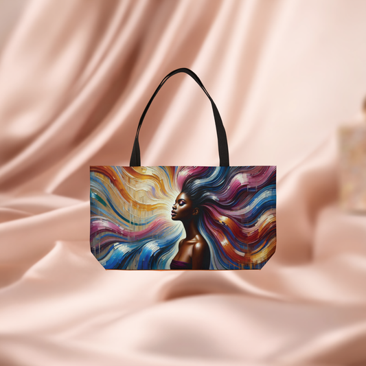 Afro Woman Colorful Waves Weekender Tote Bag | Artistic Portrait Beach Bag