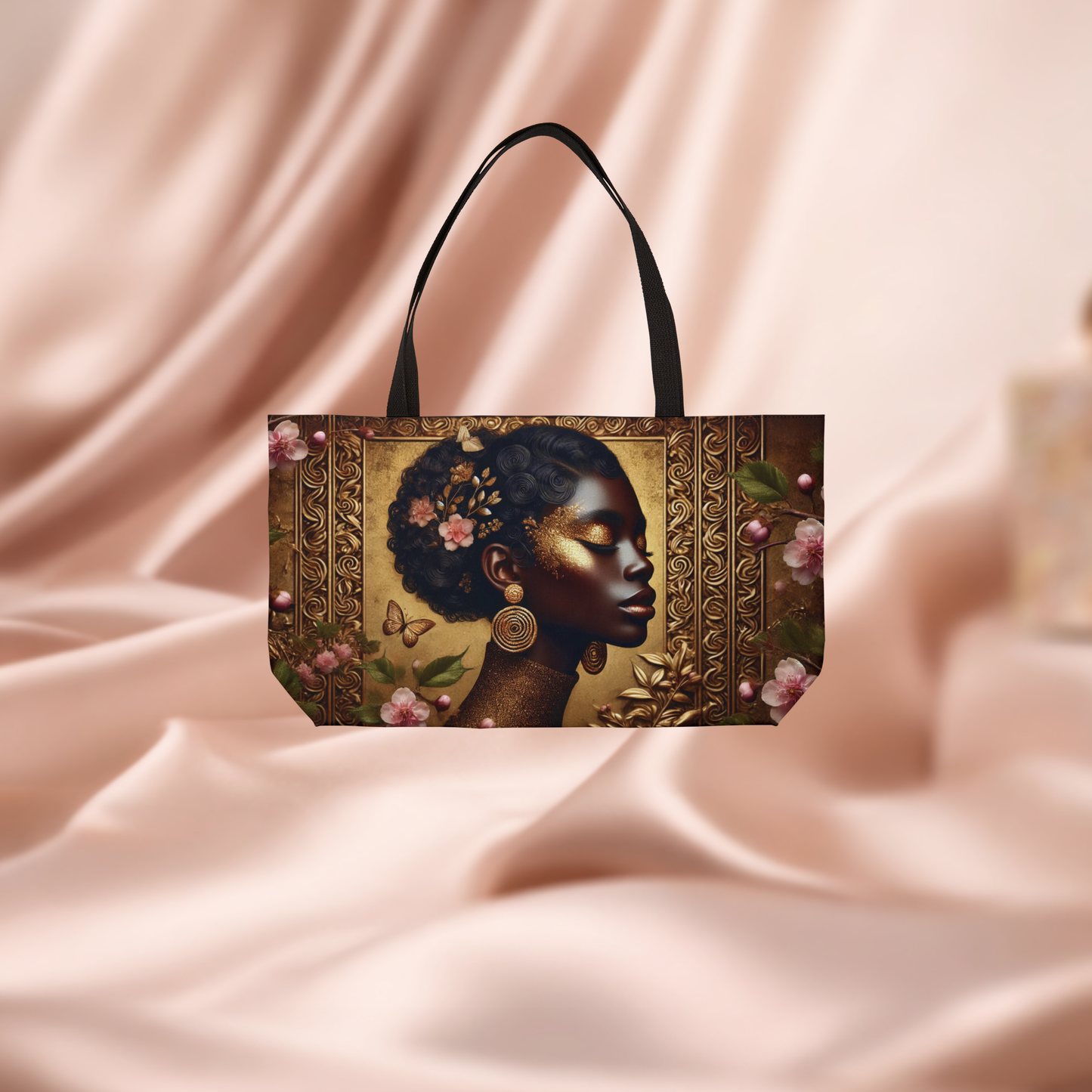 Afrocentric Profile Art Weekender Tote Bag | Floral Gold Portrait
