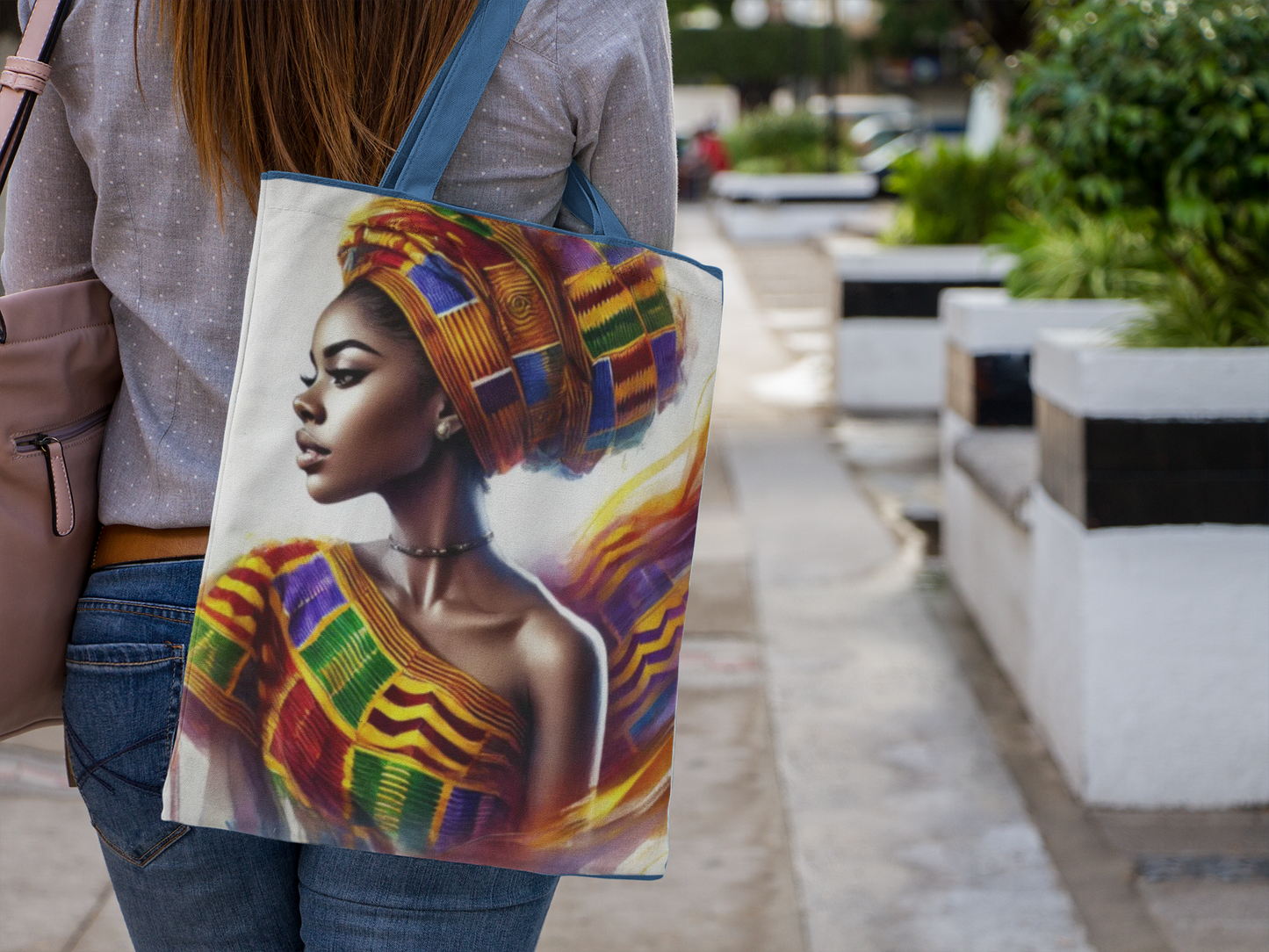 African Queen Portrait Tote Bag | Kente Headwrap Art