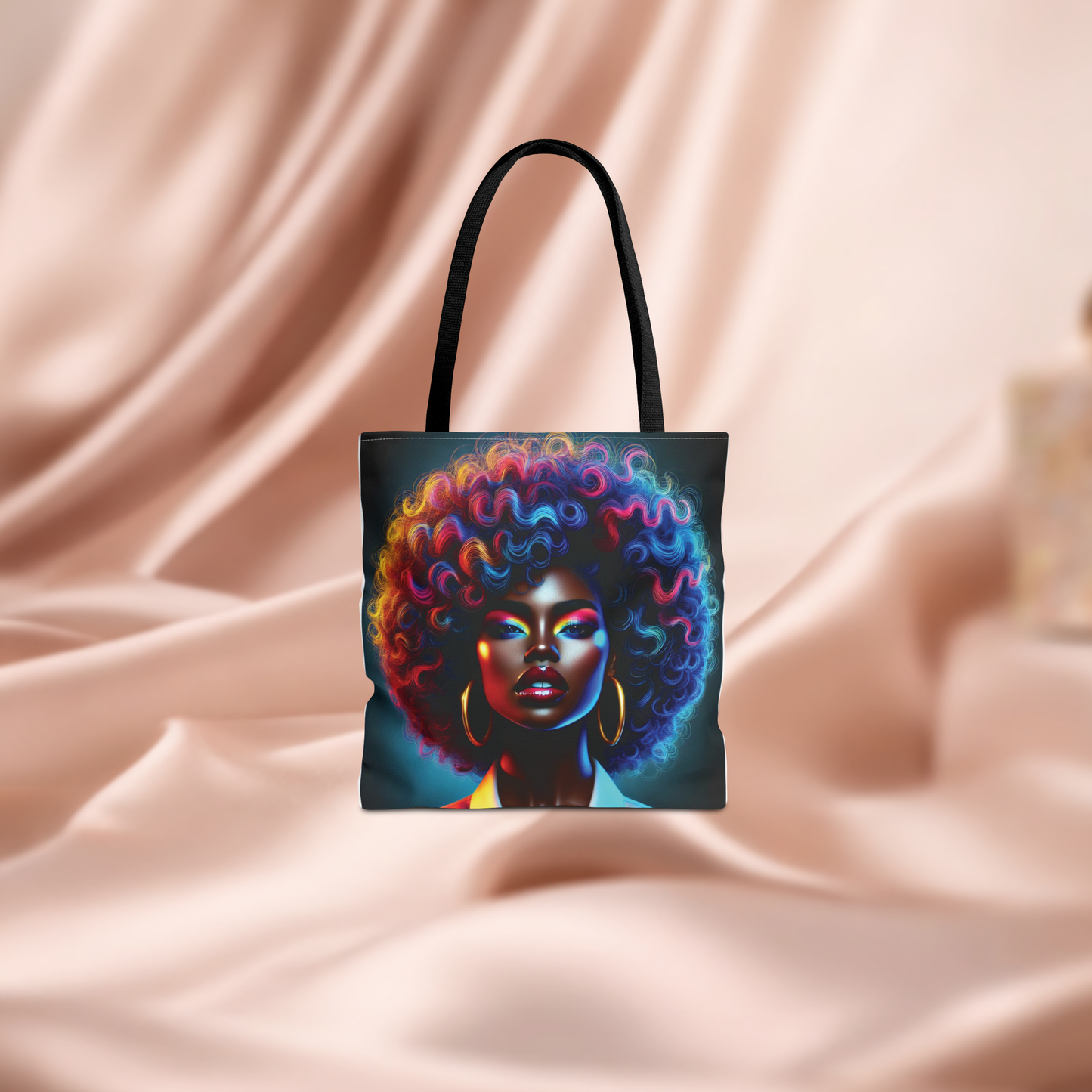 Neon Afro Portrait Tote Bag. Colorful Woman Illustration