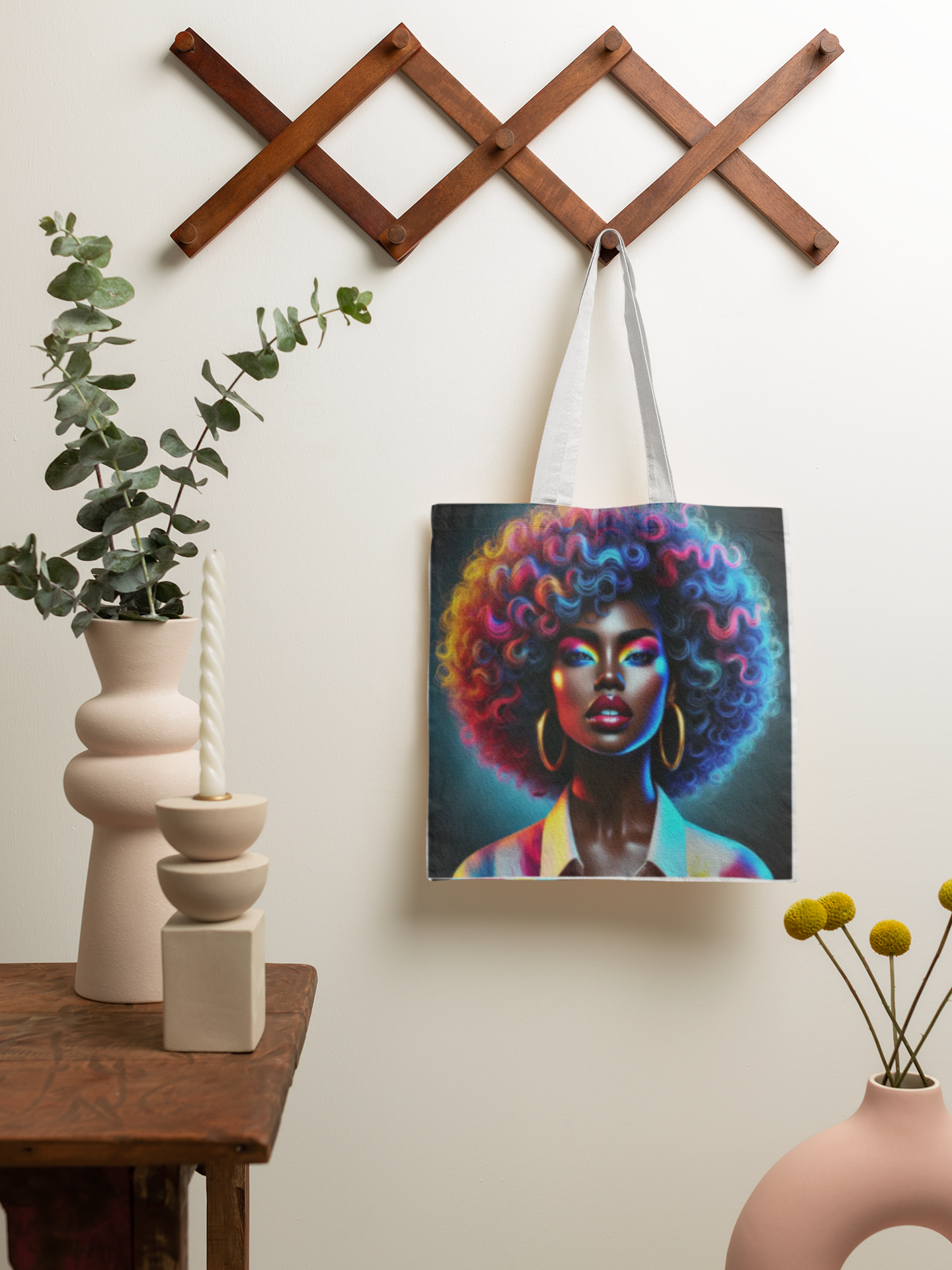 Neon Afro Portrait Tote Bag. Colorful Woman Illustration