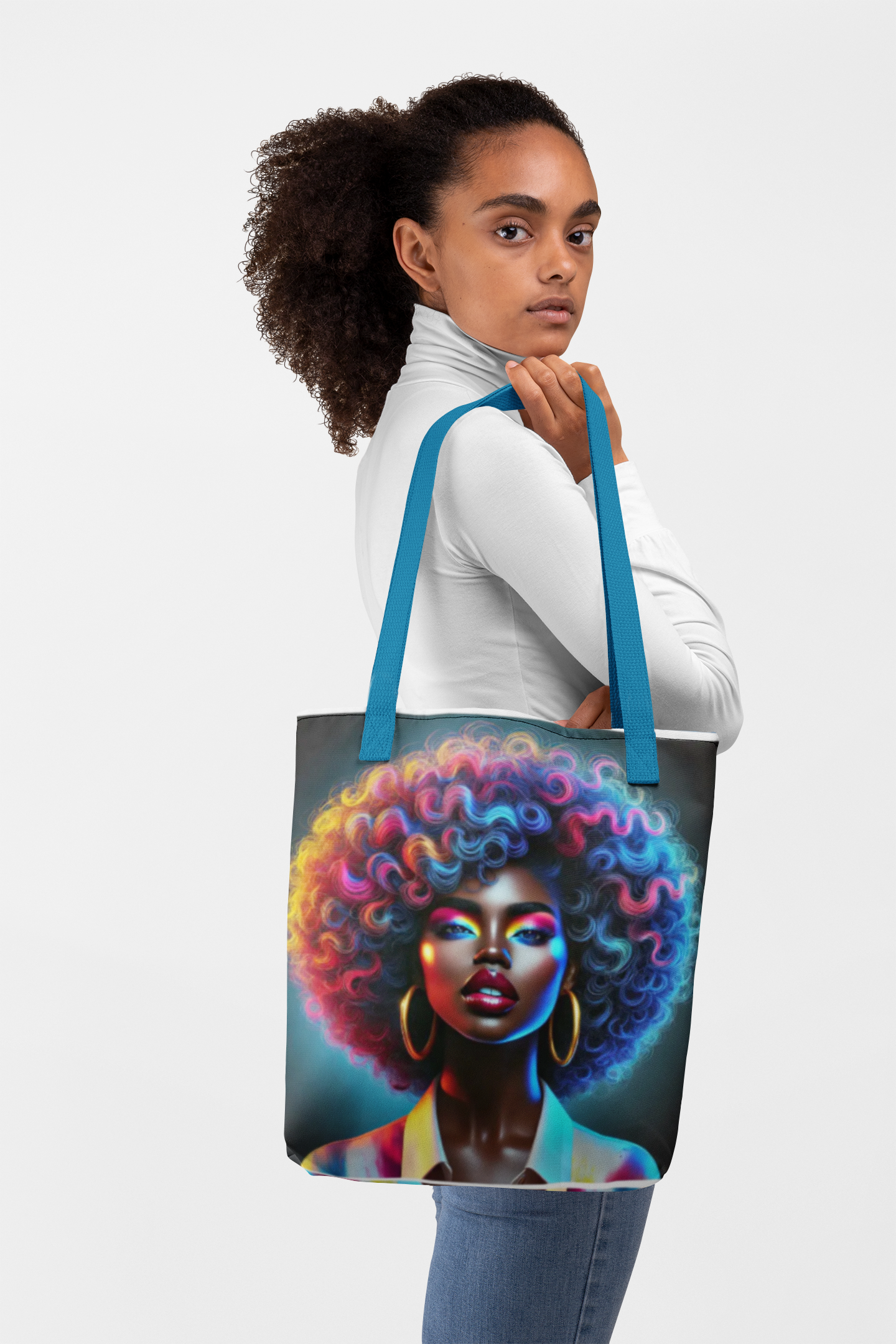 Neon Afro Portrait Tote Bag. Colorful Woman Illustration