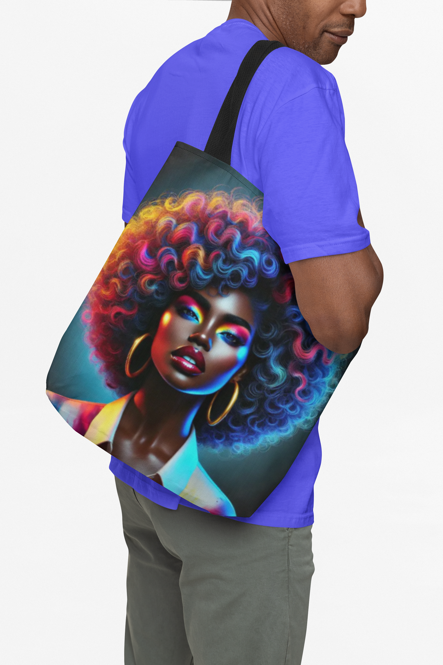 Neon Afro Portrait Tote Bag. Colorful Woman Illustration