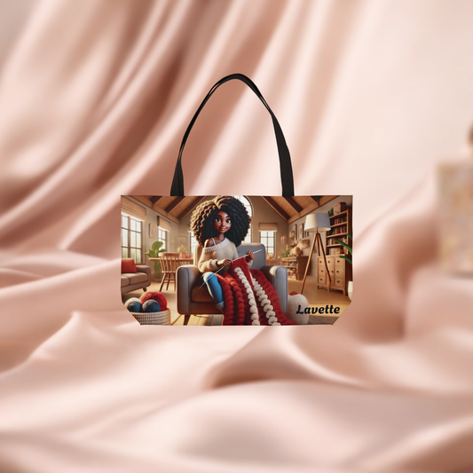 Customizable Weekender Tote. Cozy Knitting Girl Travel Bag