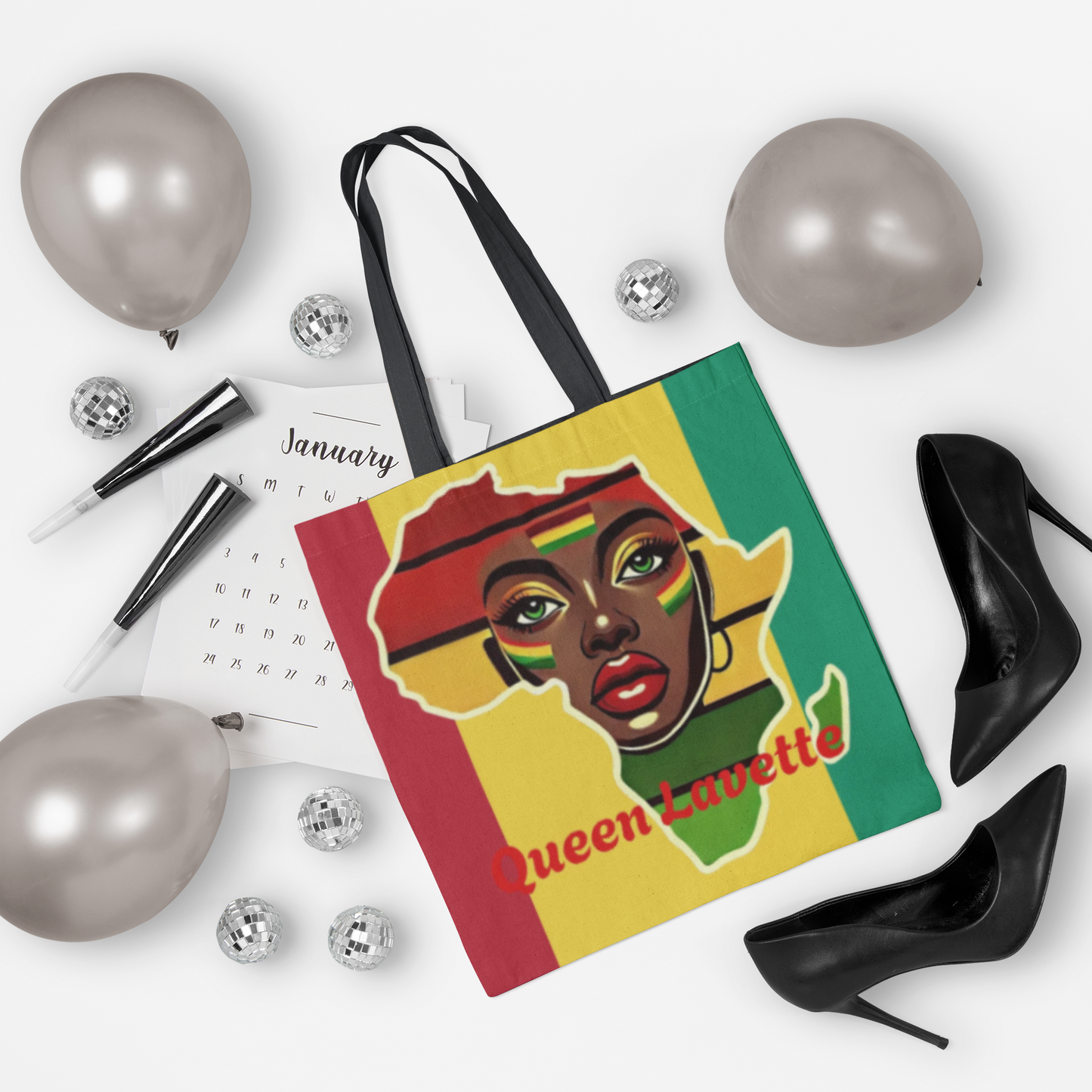 African Queen Face Tote Bag | Rasta Flag Colors, Pan-African Map Artwork