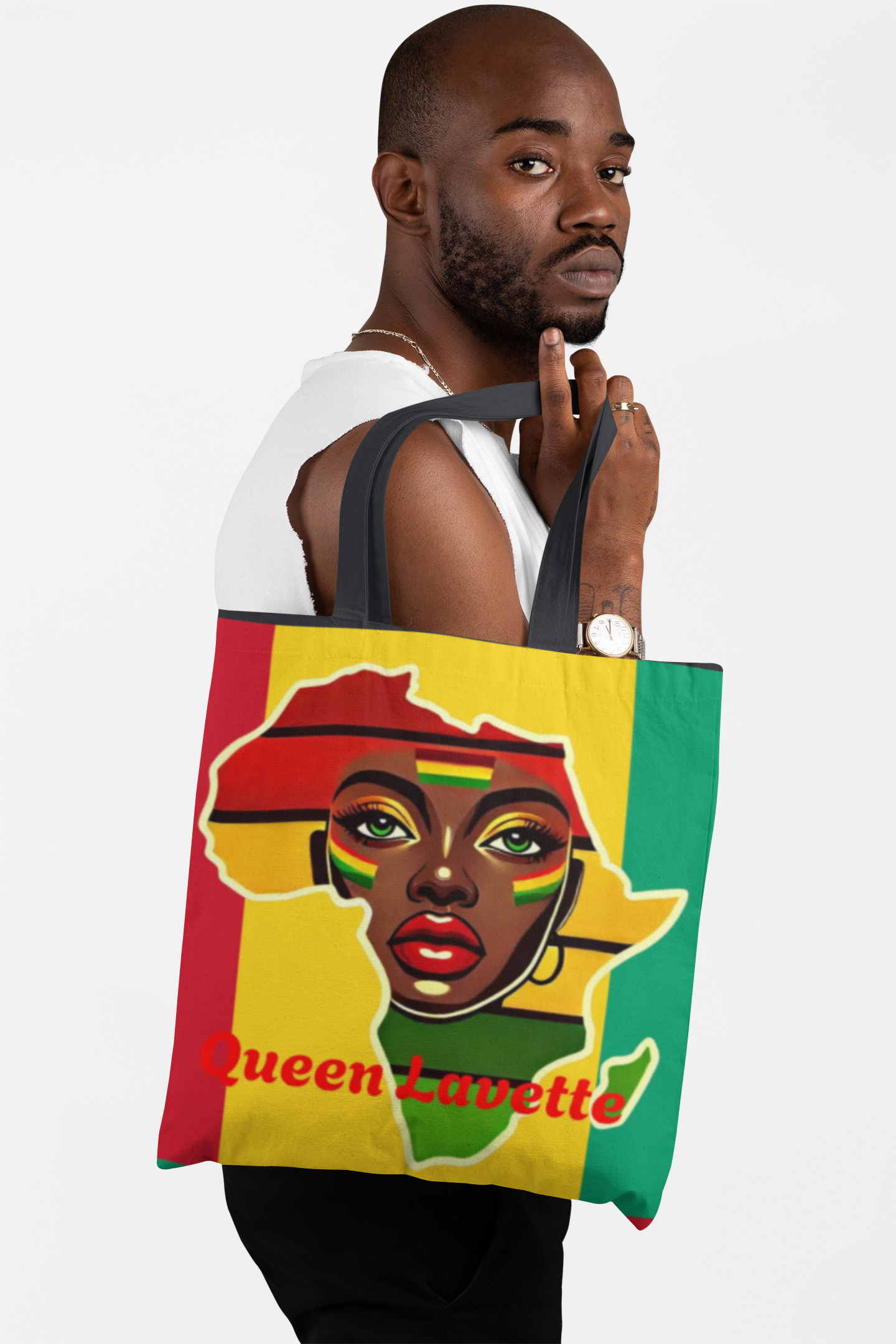 African Queen Face Tote Bag | Rasta Flag Colors, Pan-African Map Artwork