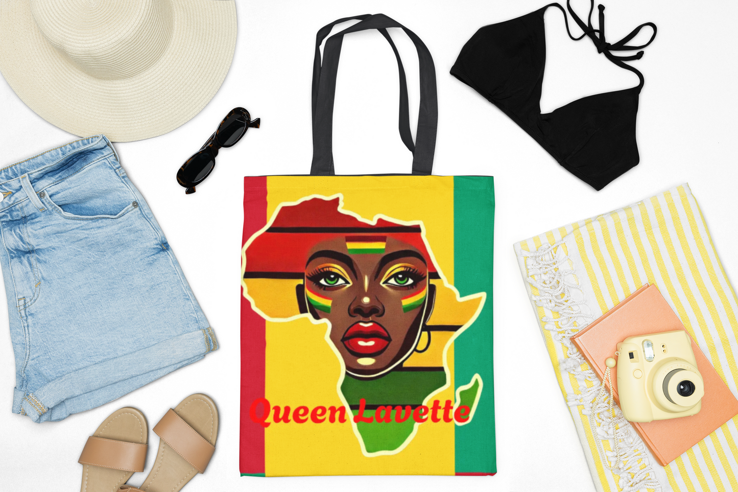 African Queen Face Tote Bag | Rasta Flag Colors, Pan-African Map Artwork