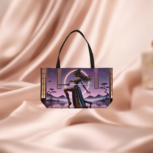 Customizable Samurai Girl Illustration Weekender Tote Bag | Neon Japanese Landscape