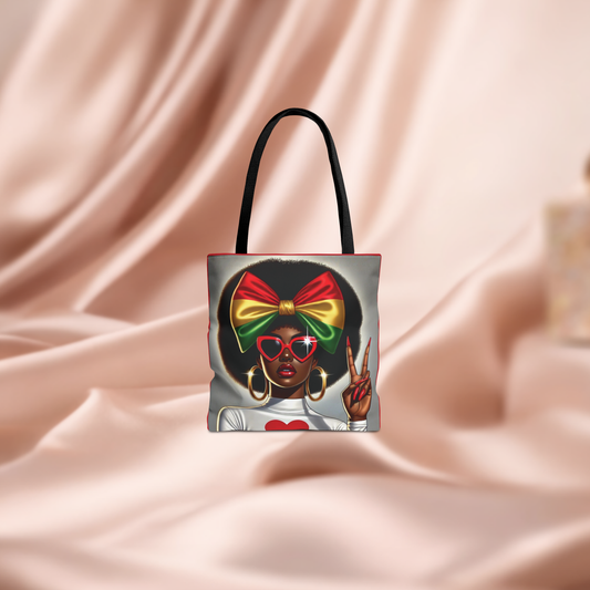 Afro Girl with Rasta Bow Tote Bag | Black Woman Illustration, Peace Sign