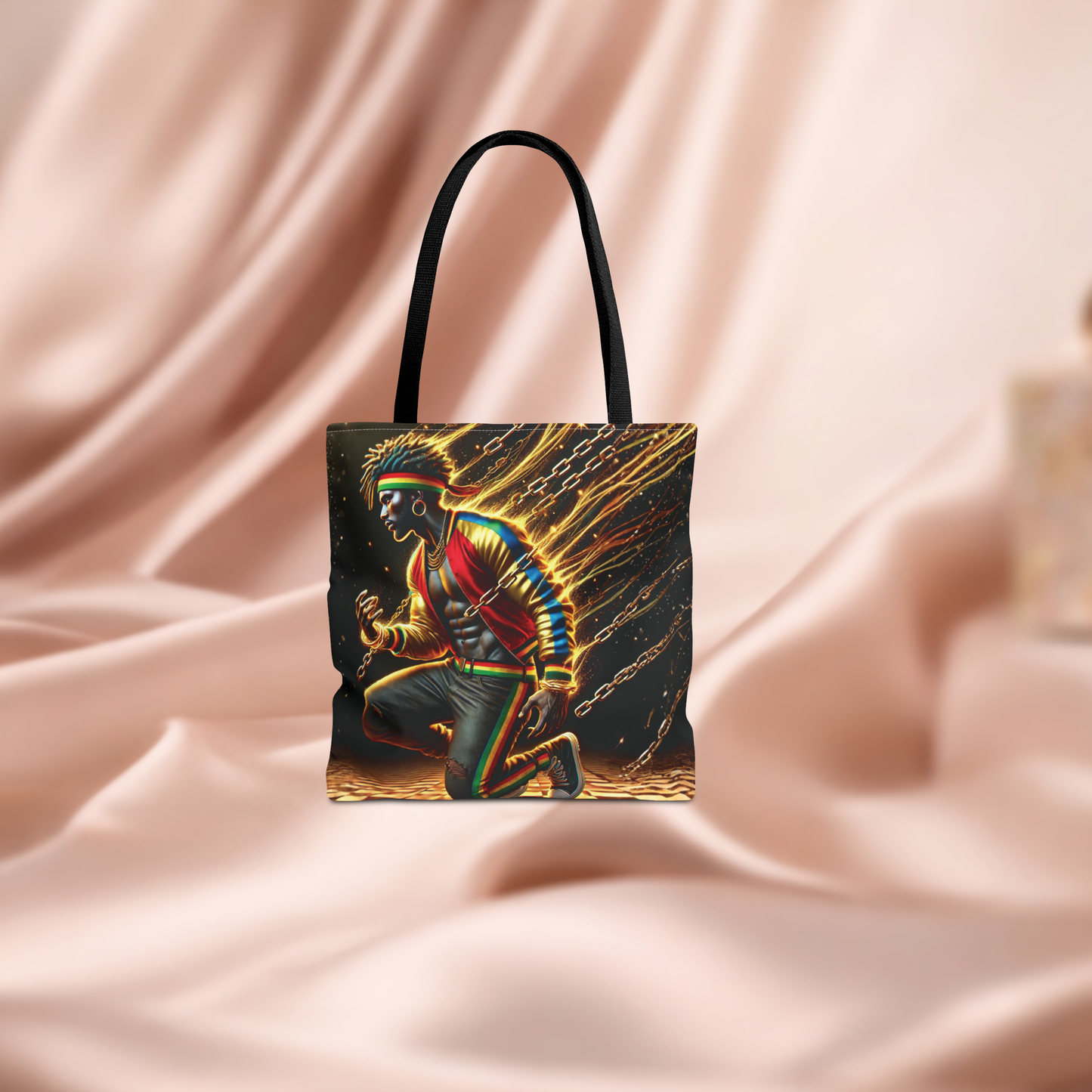 Kneeling Figure with Chains Tote Bag | Neon Retro Street Art