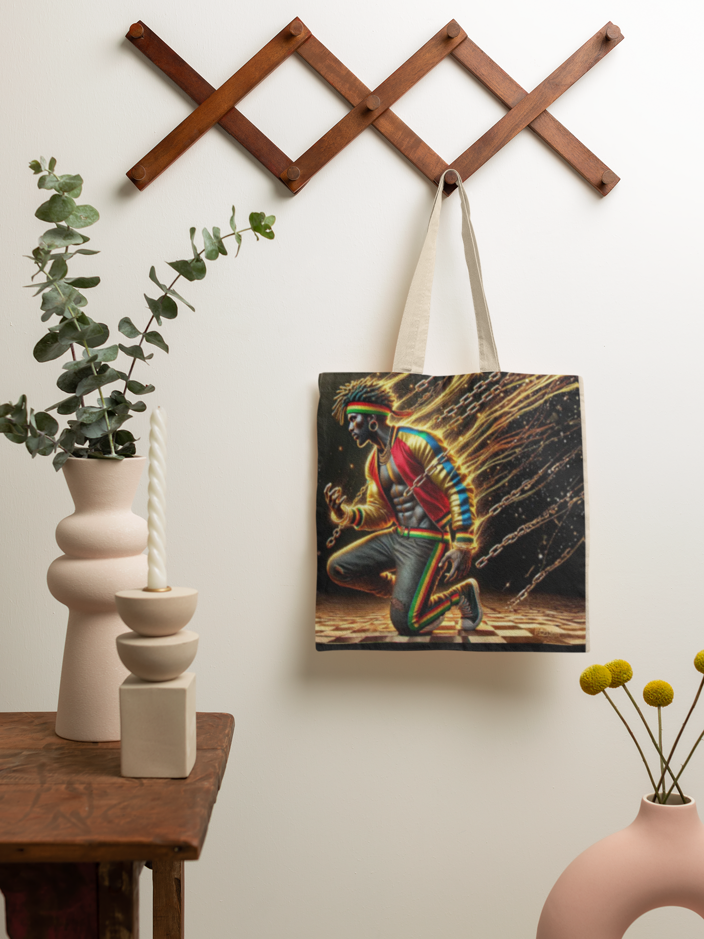 Kneeling Figure with Chains Tote Bag | Neon Retro Street Art