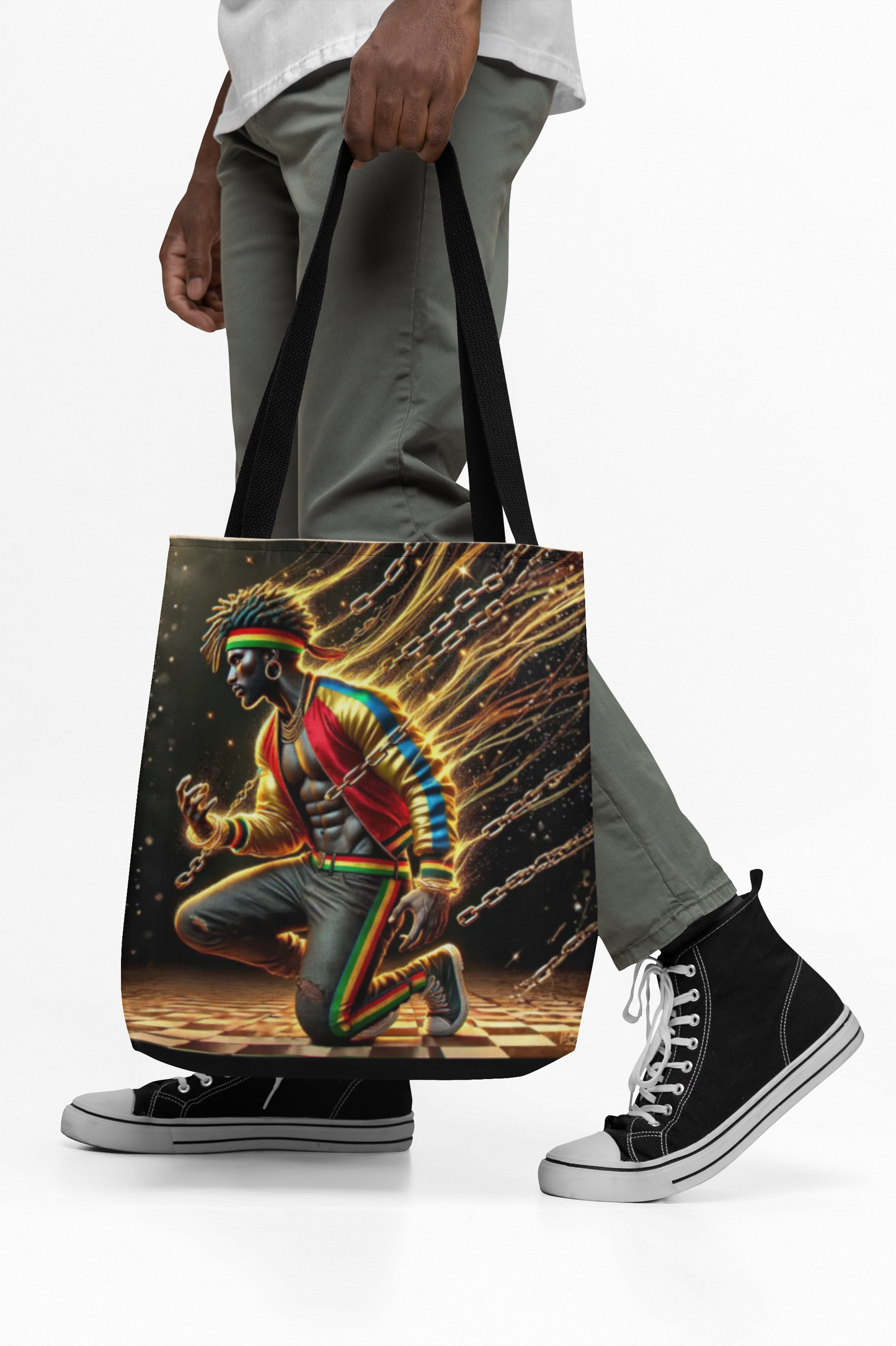 Kneeling Figure with Chains Tote Bag | Neon Retro Street Art