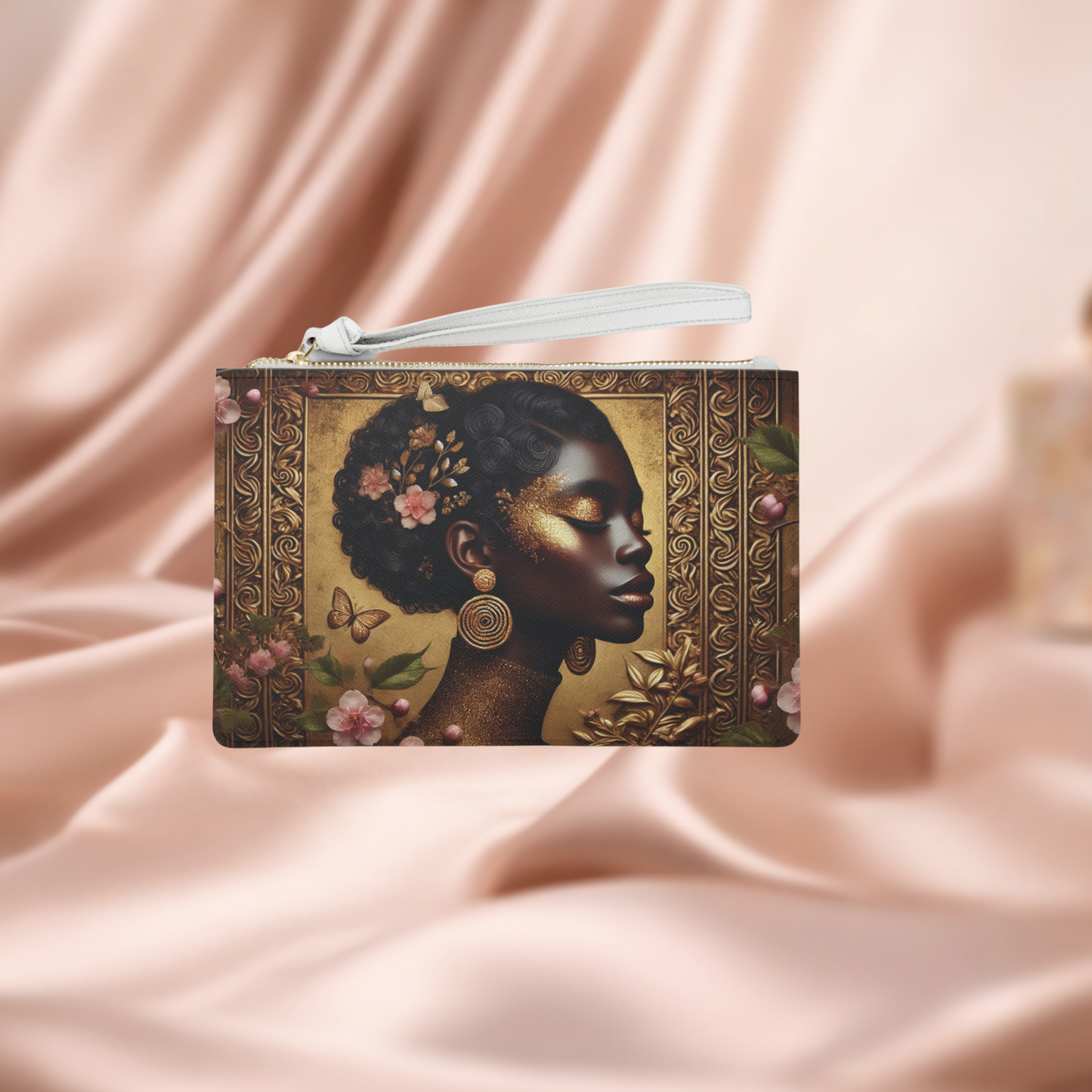 Golden Profile Afro Woman Clutch Bag | Floral Baroque Portrait