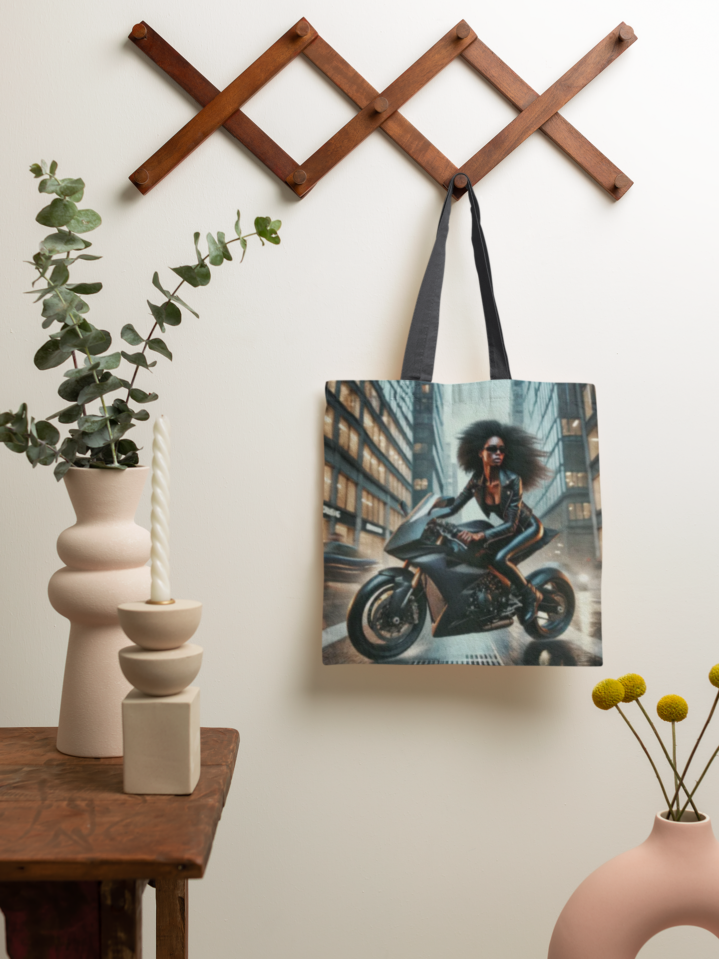 Afro Biker Tote Bag  Urban Motorcycle Rider Print
