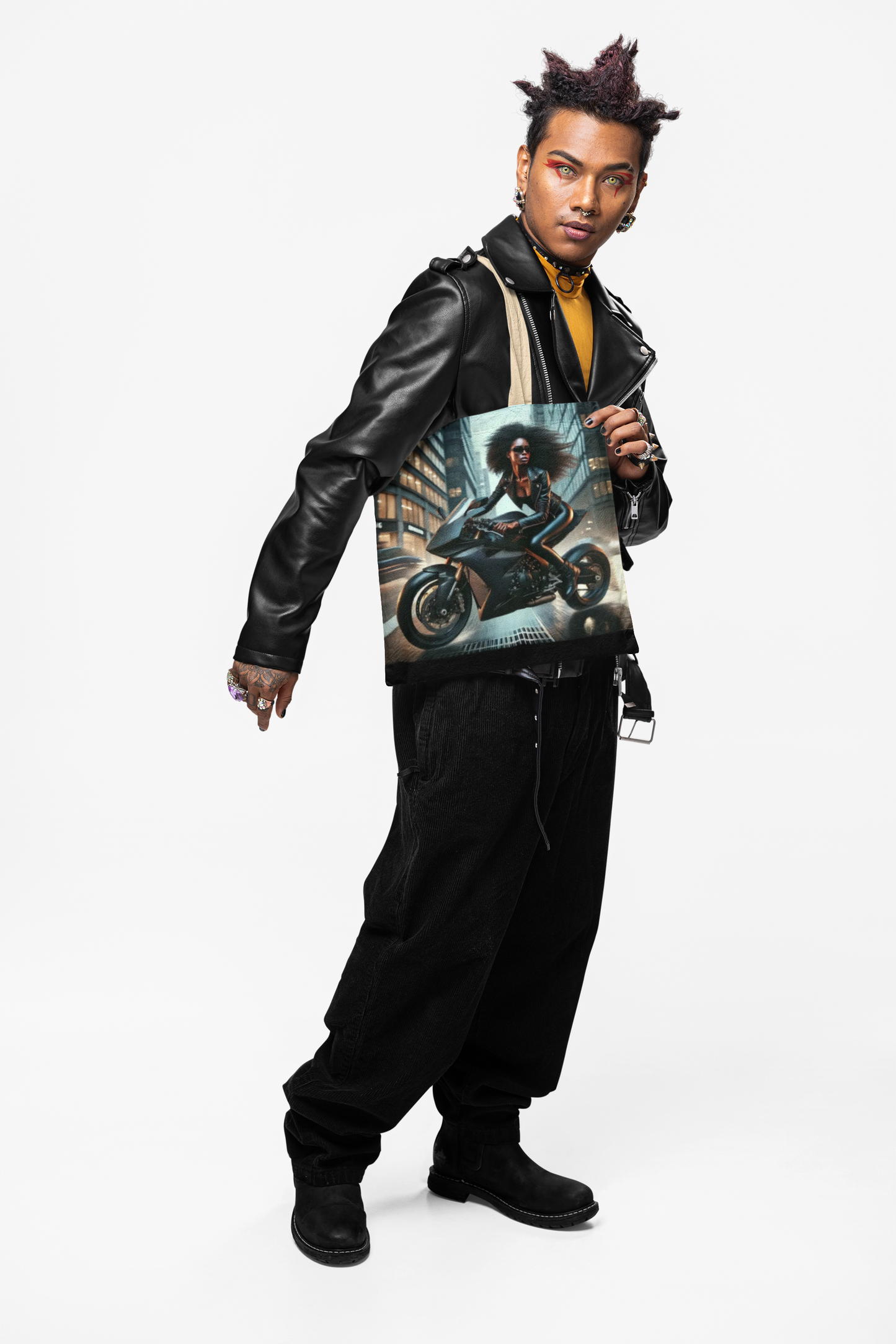 Afro Biker Tote Bag  Urban Motorcycle Rider Print