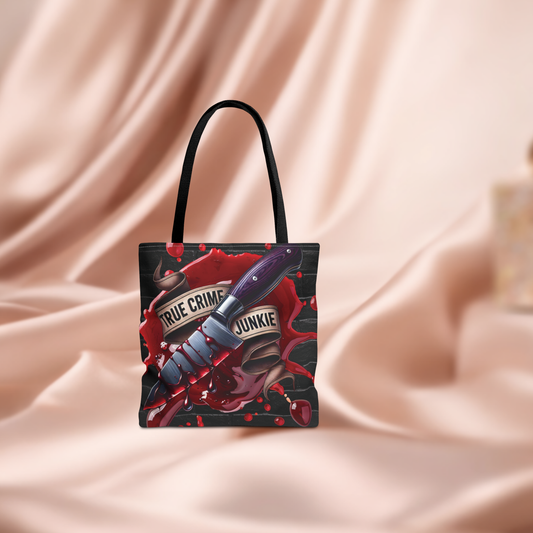 True Crime Junkie knife blood splatter Tote Bag