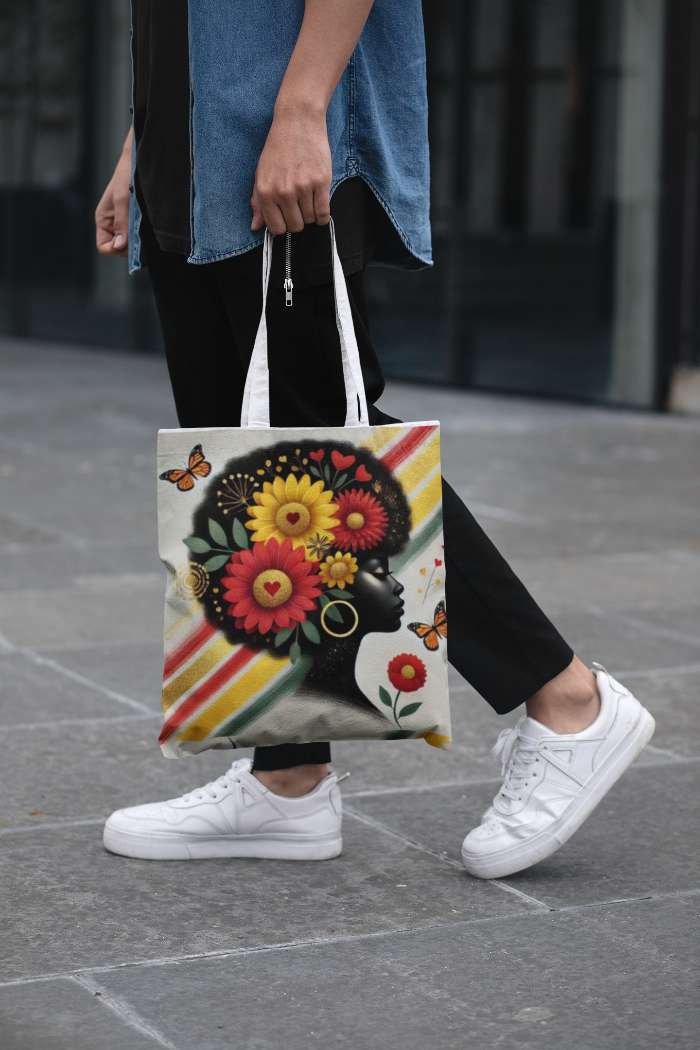 Floral Afro Silhouette Tote Bag | Sunflower Butterfly Pattern