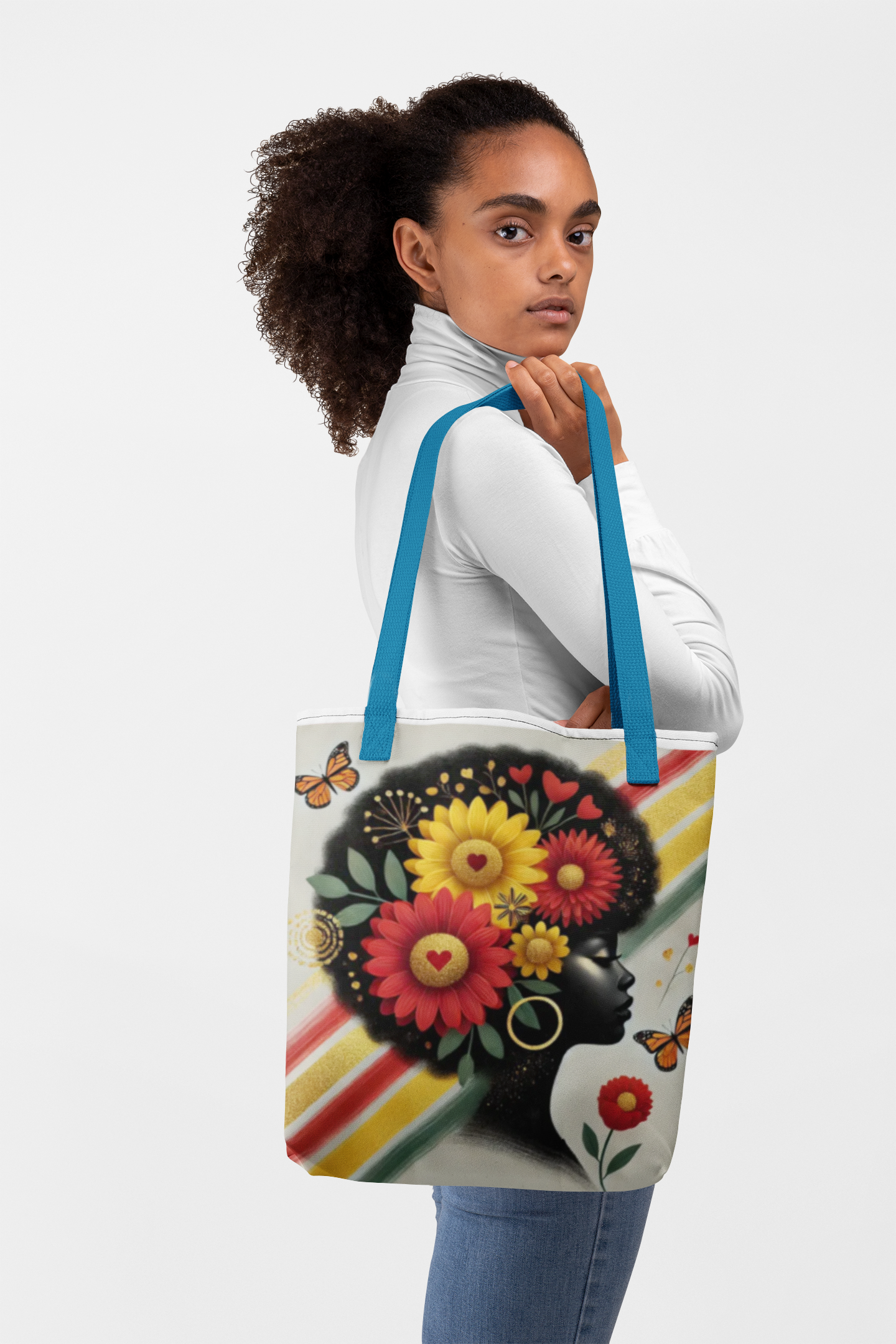 Floral Afro Silhouette Tote Bag | Sunflower Butterfly Pattern