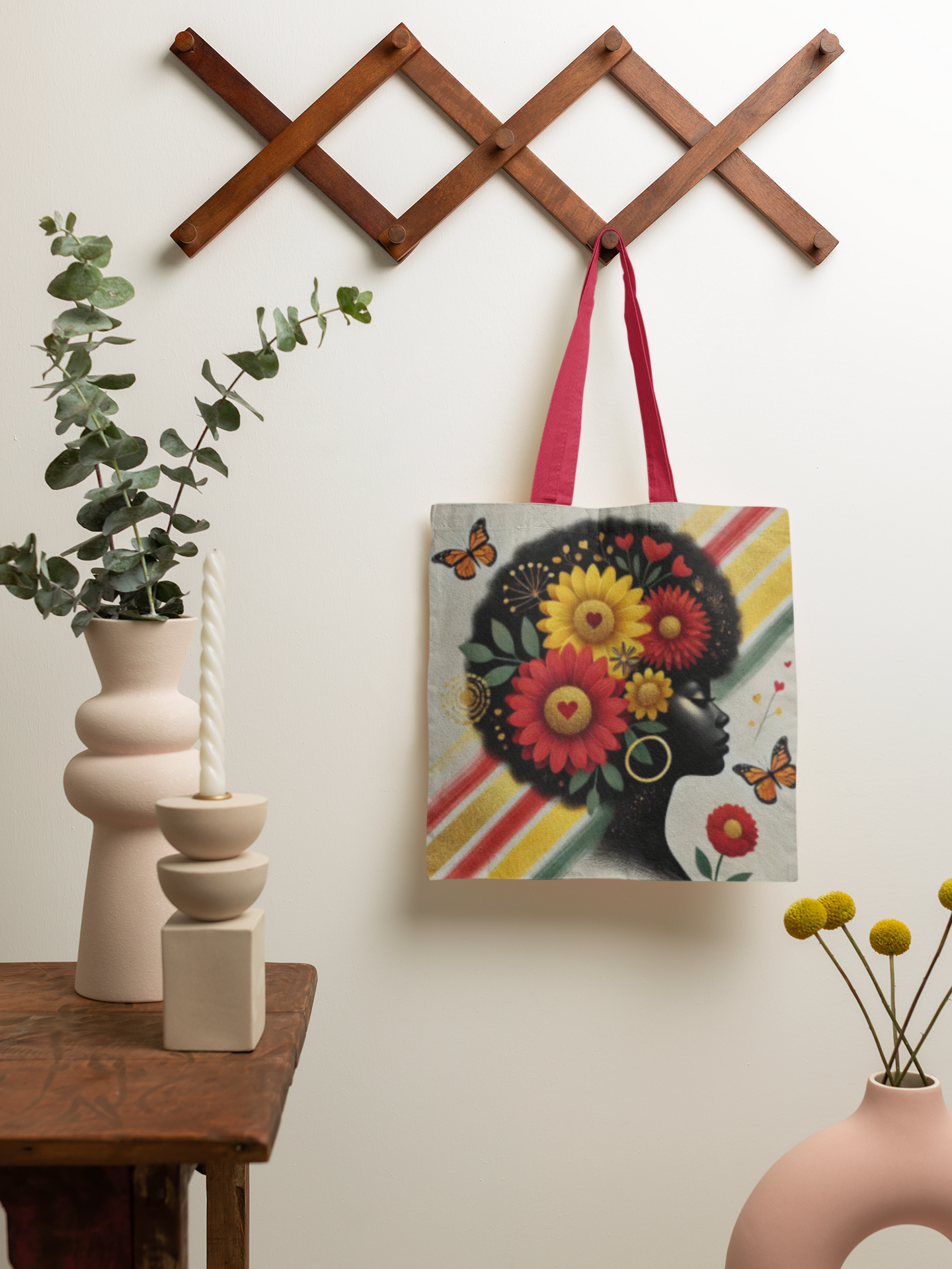 Floral Afro Silhouette Tote Bag | Sunflower Butterfly Pattern