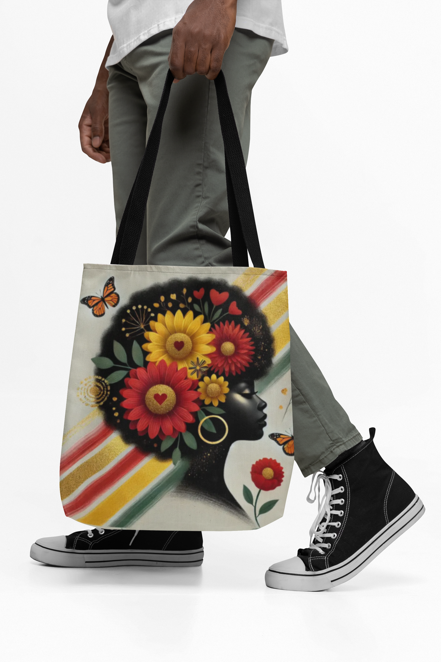 Floral Afro Silhouette Tote Bag | Sunflower Butterfly Pattern