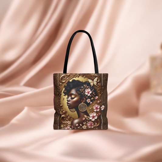 Afrocentric Floral Portrait Tote Bag | Vintage Frame, Butterfly Accents