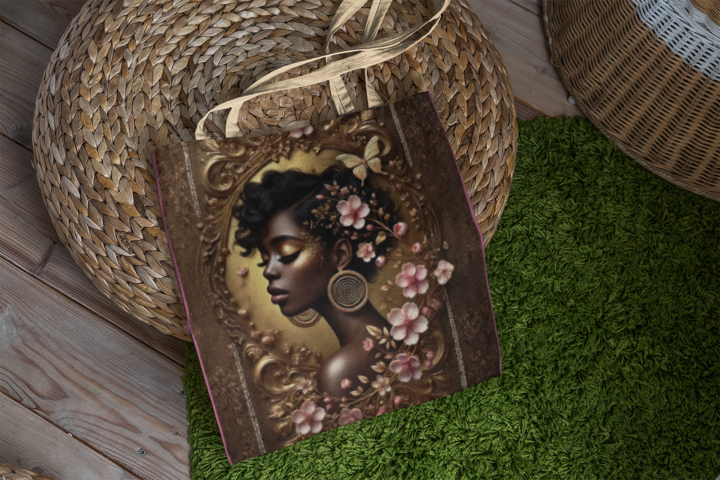 Afrocentric Floral Portrait Tote Bag | Vintage Frame, Butterfly Accents