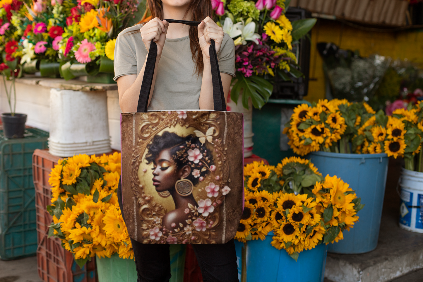 Afrocentric Floral Portrait Tote Bag | Vintage Frame, Butterfly Accents