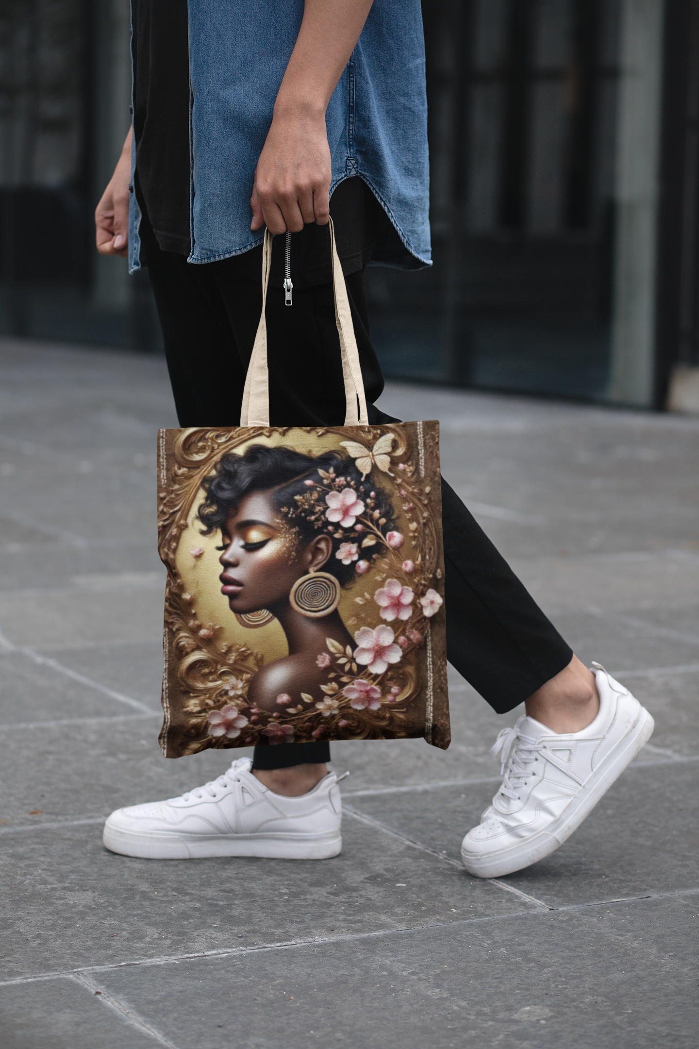 Afrocentric Floral Portrait Tote Bag | Vintage Frame, Butterfly Accents