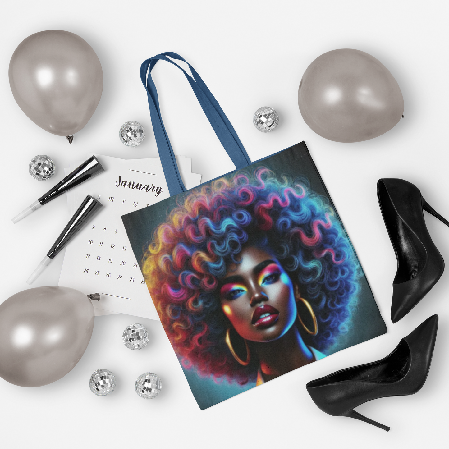 Colorful Afro Portrait Tote | Neon Black Woman Face, Artistic Afro Hair
