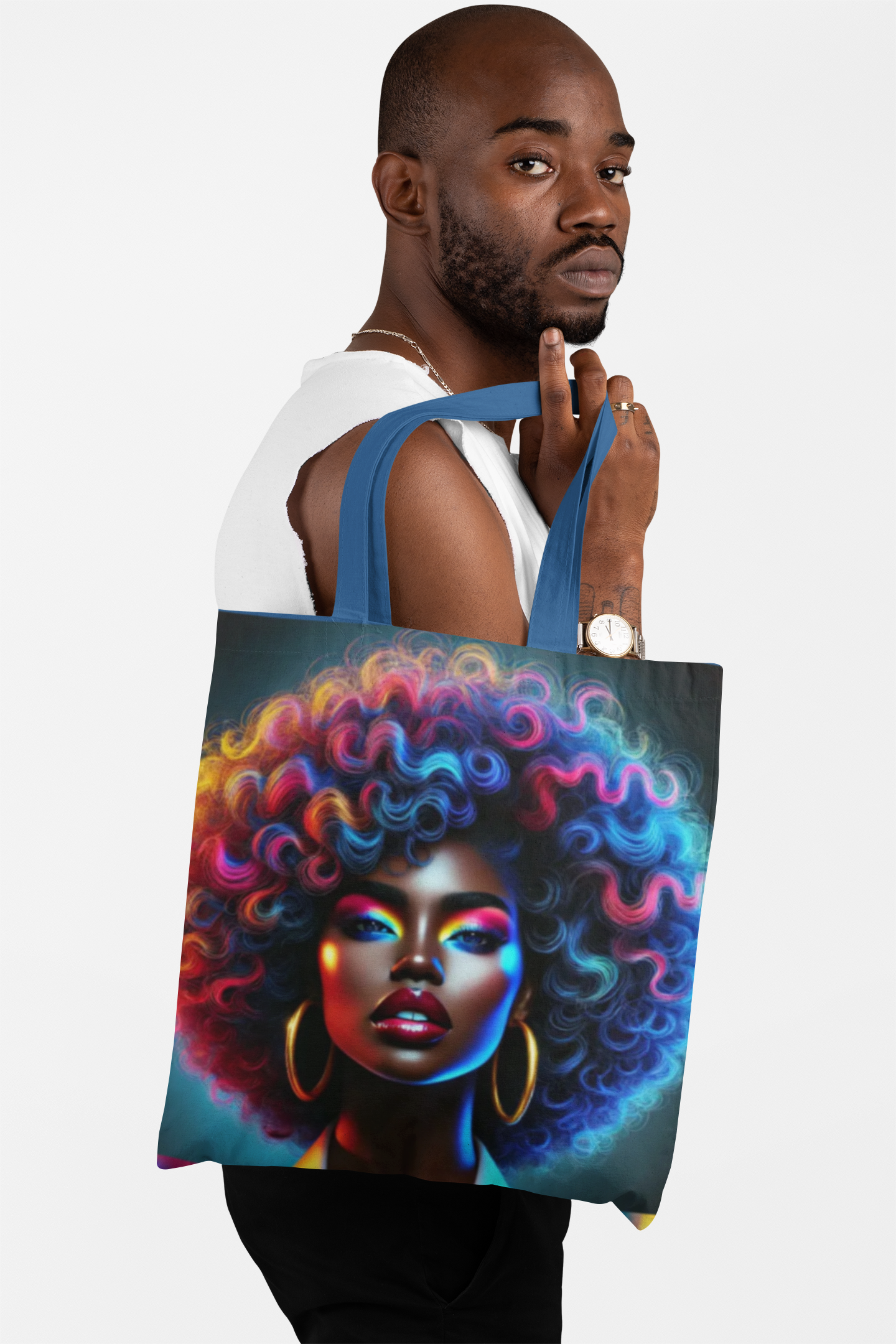 Colorful Afro Portrait Tote | Neon Black Woman Face, Artistic Afro Hair