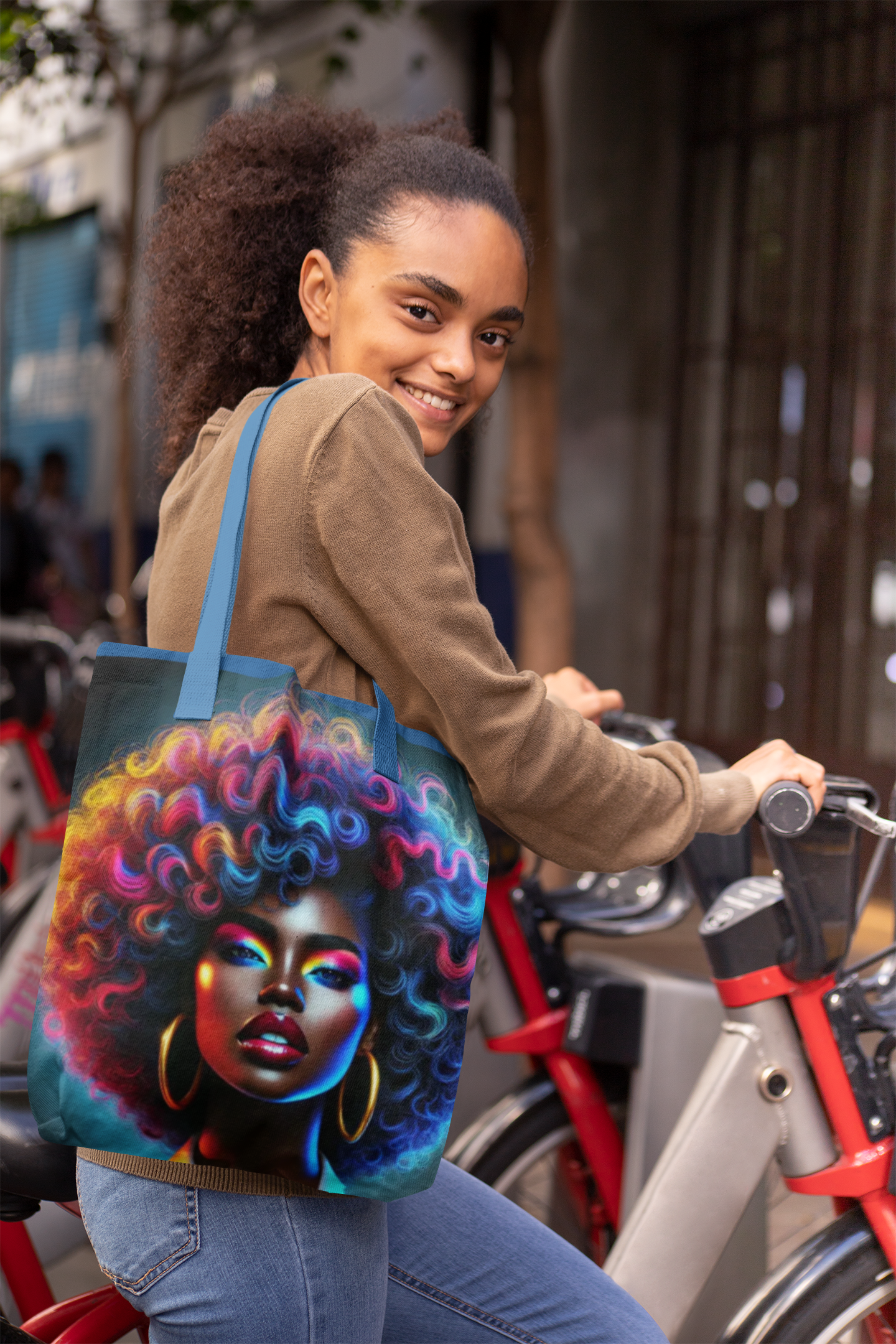 Colorful Afro Portrait Tote | Neon Black Woman Face, Artistic Afro Hair