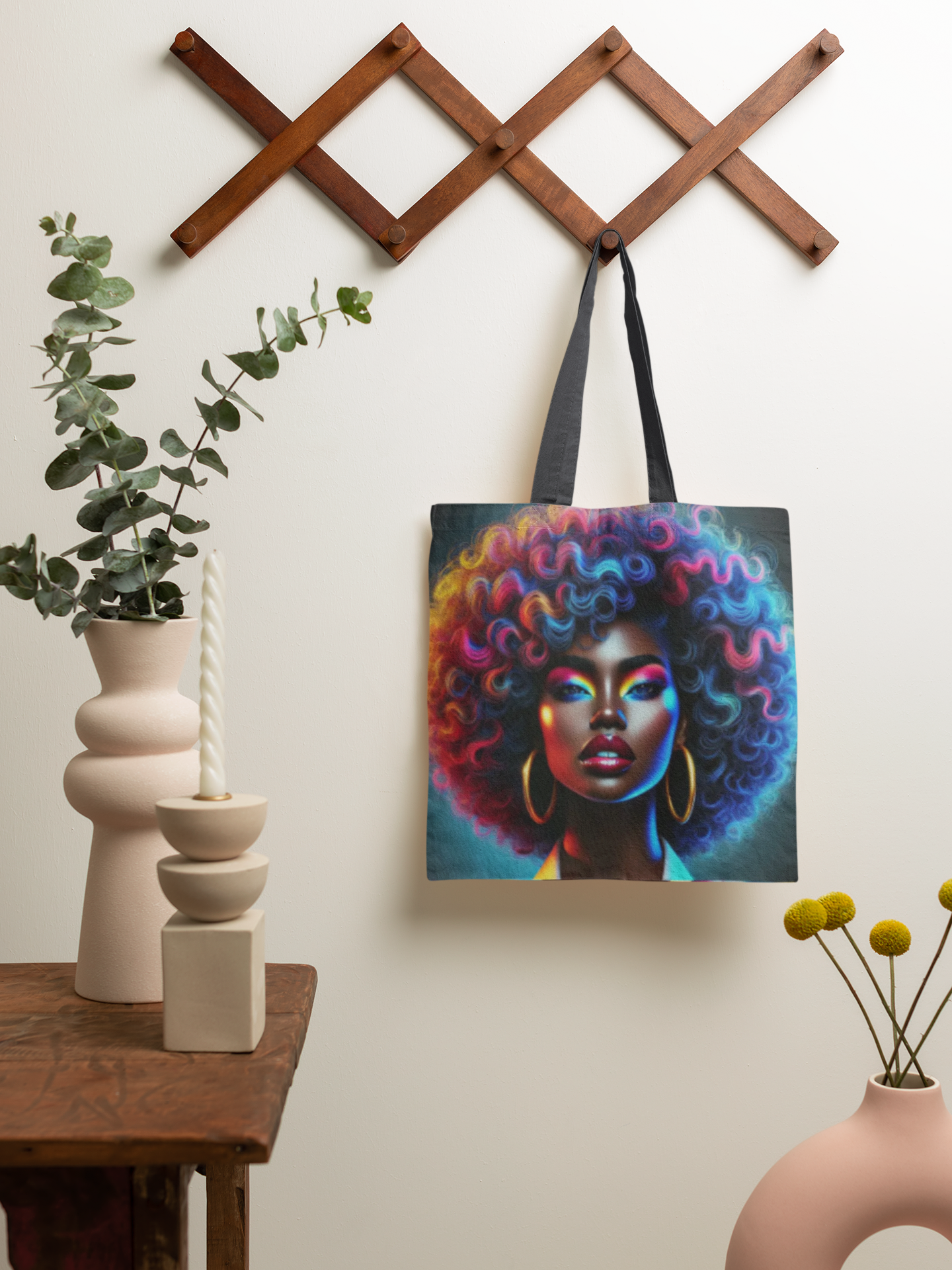 Colorful Afro Portrait Tote | Neon Black Woman Face, Artistic Afro Hair