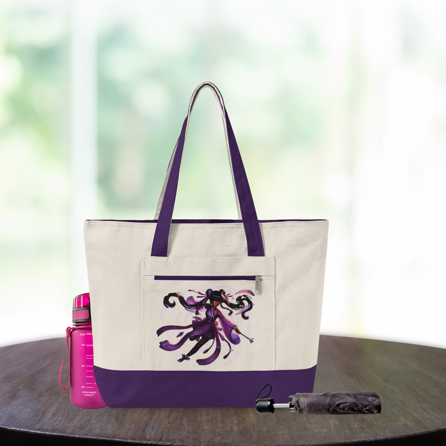 Afro Anime Zippered Canvas Tote | Purple Sorceress, Black owned