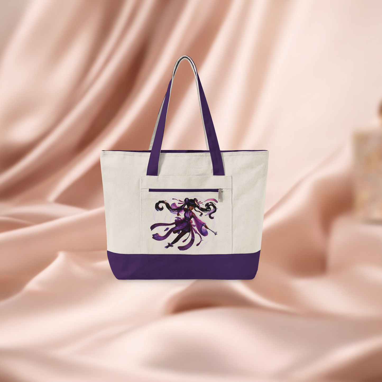Afro Anime Zippered Canvas Tote | Purple Sorceress, Black owned