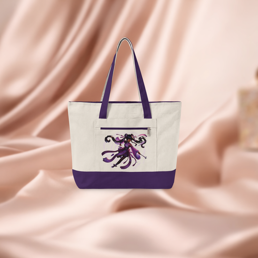 Afro Anime Zippered Canvas Tote | Purple Sorceress, Black owned