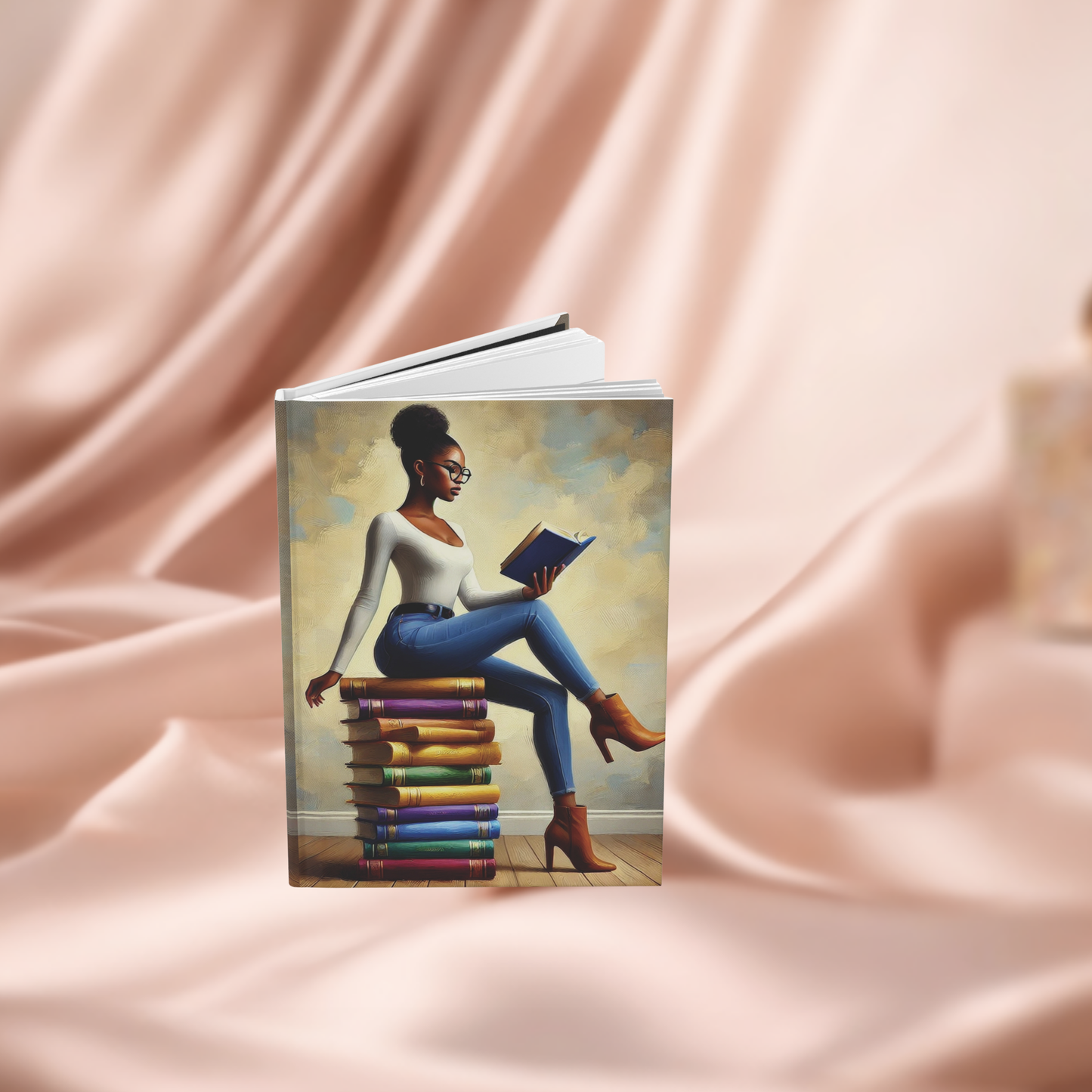 Stylish Black Woman Reading on Stack of Books Hardcover Journal