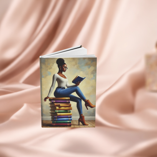 Stylish Black Woman Reading on Stack of Books Hardcover Journal