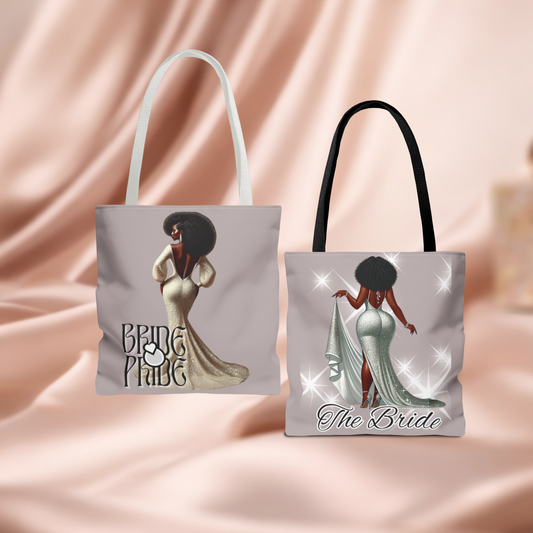 Bride in White Gown Tote Bag | Bridal Afro Woman Illustration
