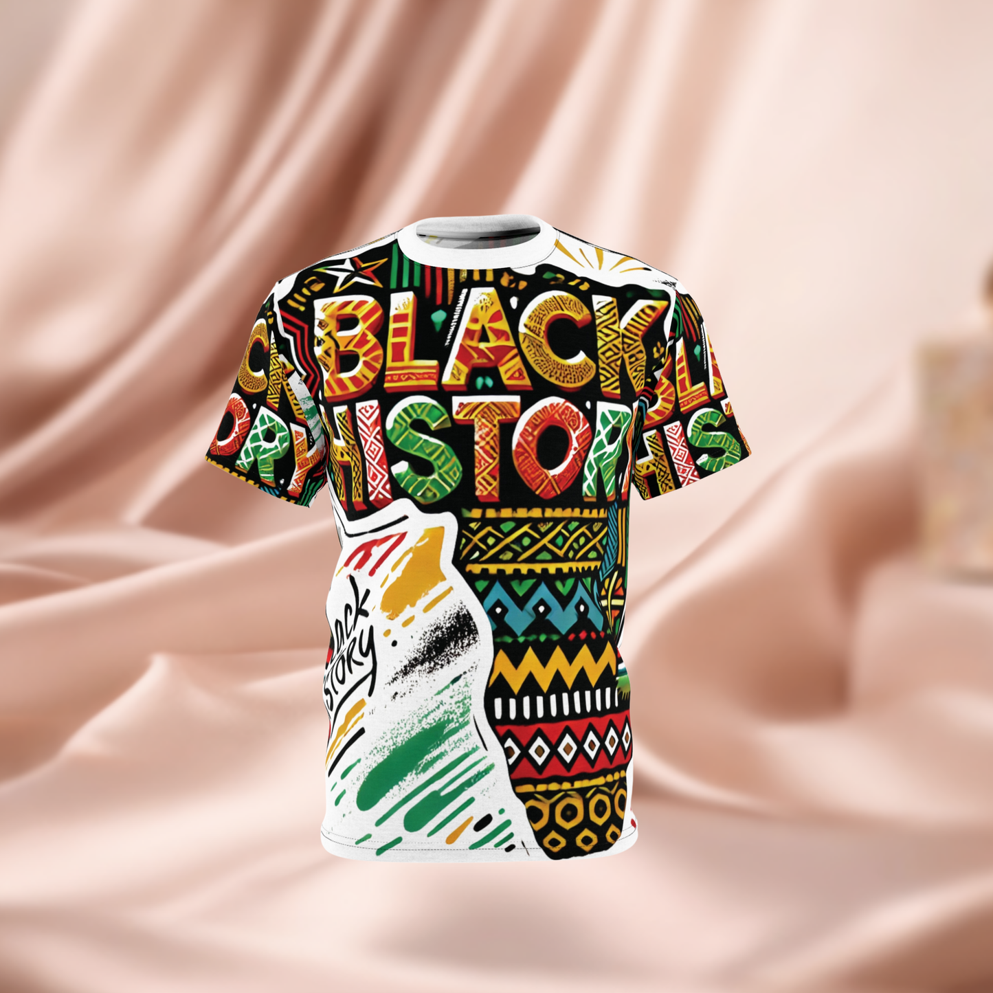 Black History All-Over Print Tee — Bold Afrocentric Pattern & "Black History" Design