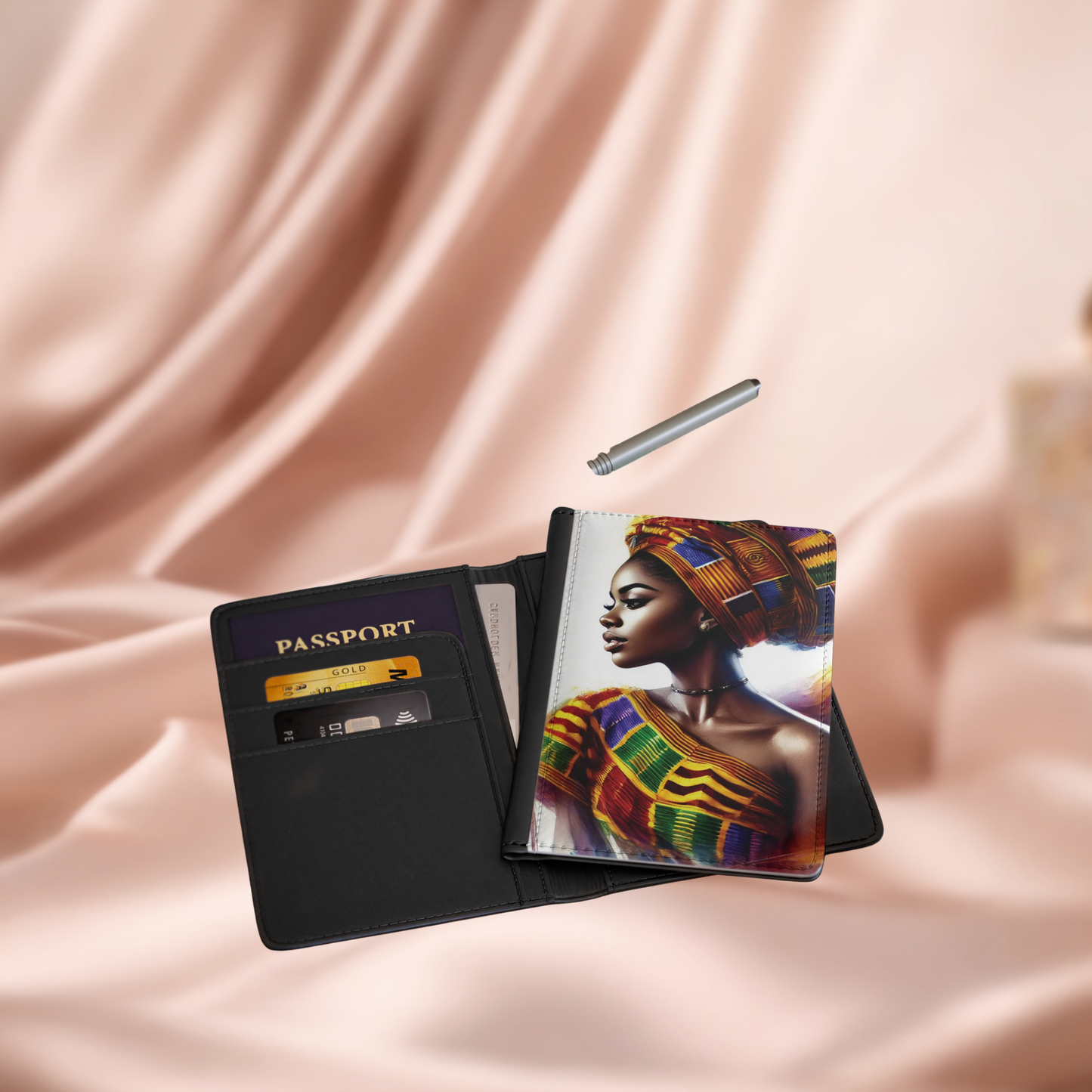 African Woman Portrait Passport Cover | Kente Headwrap Travel Accessory