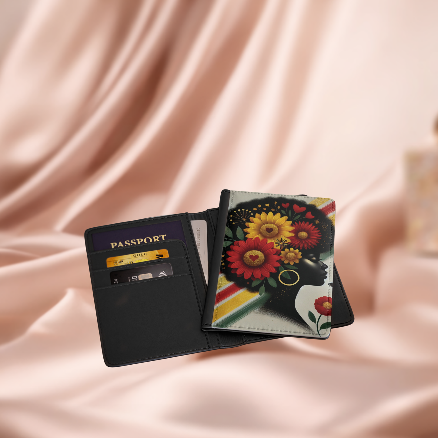 Afro Floral Profile Passport Cover | Black Woman Silhouette, Sunflower Hair, Travel Accessory