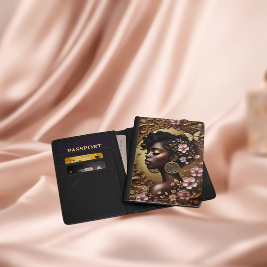 Afro Floral Portrait Passport Cover | Black Woman Profile, Gold Accents