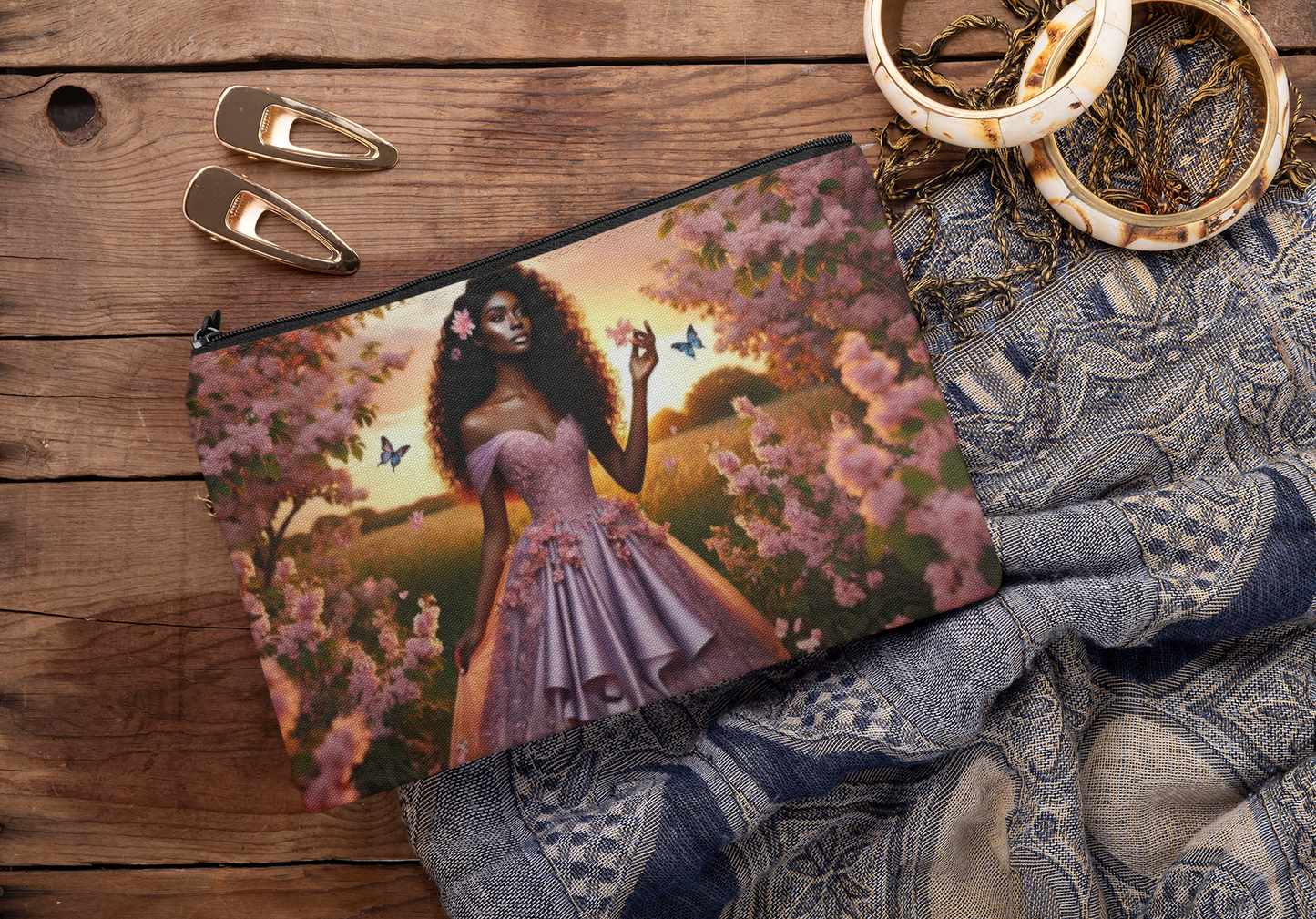 Black Princess in Pink Gown Clutch Bag | Floral Sunset, Butterfly Art